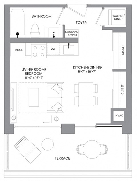 Floor plan for studio, 1 bath, 397 sqft